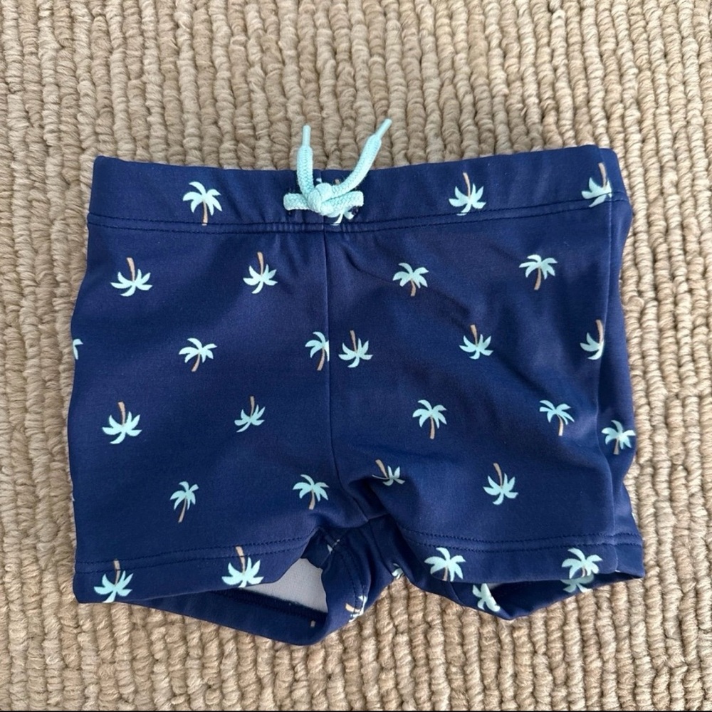 Janie and Jack Baby Boy Navy Blue Swim Shorts with Palm Tree Print